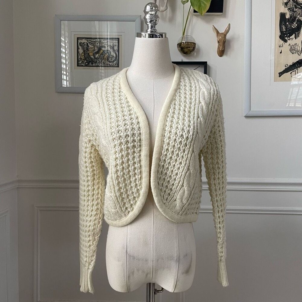 Vintage 80s Exclusive Imports Cropped Cardigan Sweater Fisherman Knit Ivory S M - Picture 2 of 7